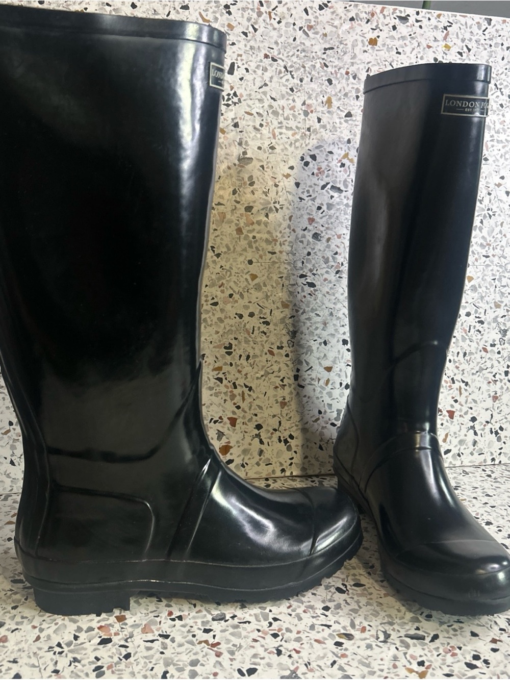 New London Fog Thames Boots Tall Waterproof Shiny Black Sz 9 Rain - Picture 3 of 5